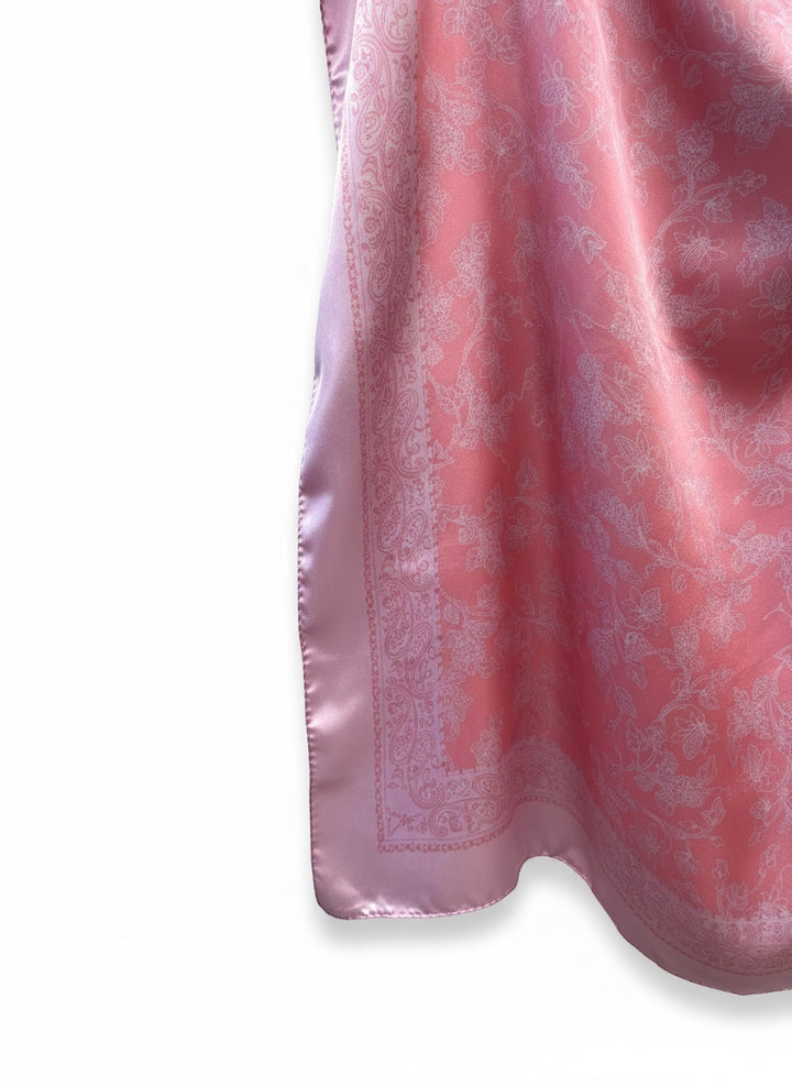 Chic Collective blush pink silk scarf with ivory floral toile pattern and paisley border. Elegant and feminine.
