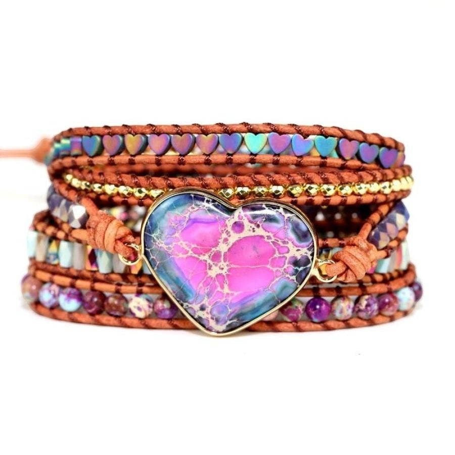 Chic Collective Bohemian Heart Stone Wrap Bracelet with pink and blue marbled stone, leather cords, and colorful beads.