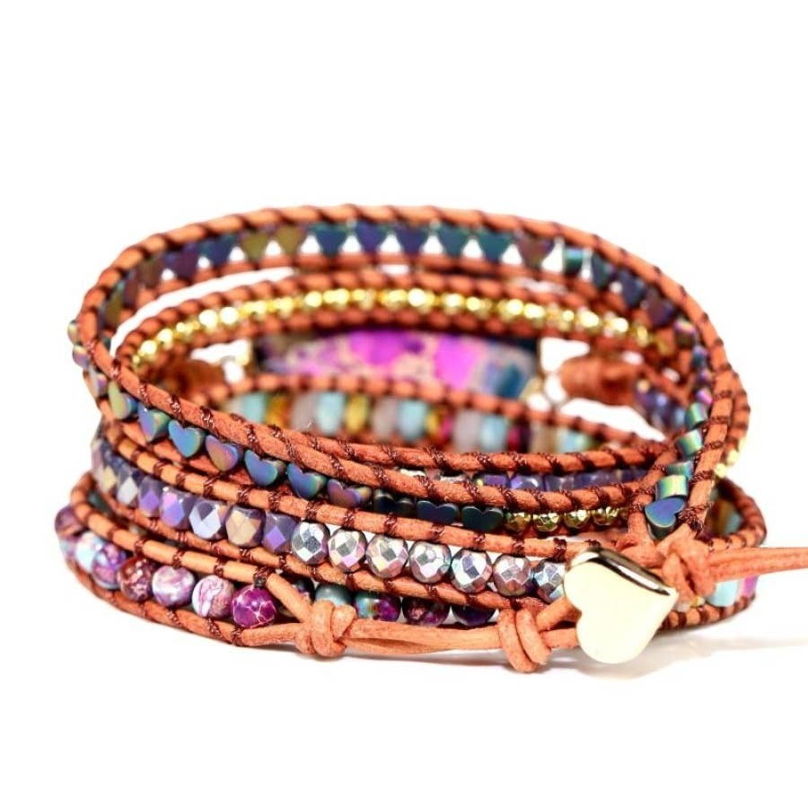 Chic Collective Bohemian Heart Stone Wrap Bracelet with leather cords, colorful beads, and gold accents. Features a heart-shaped charm.