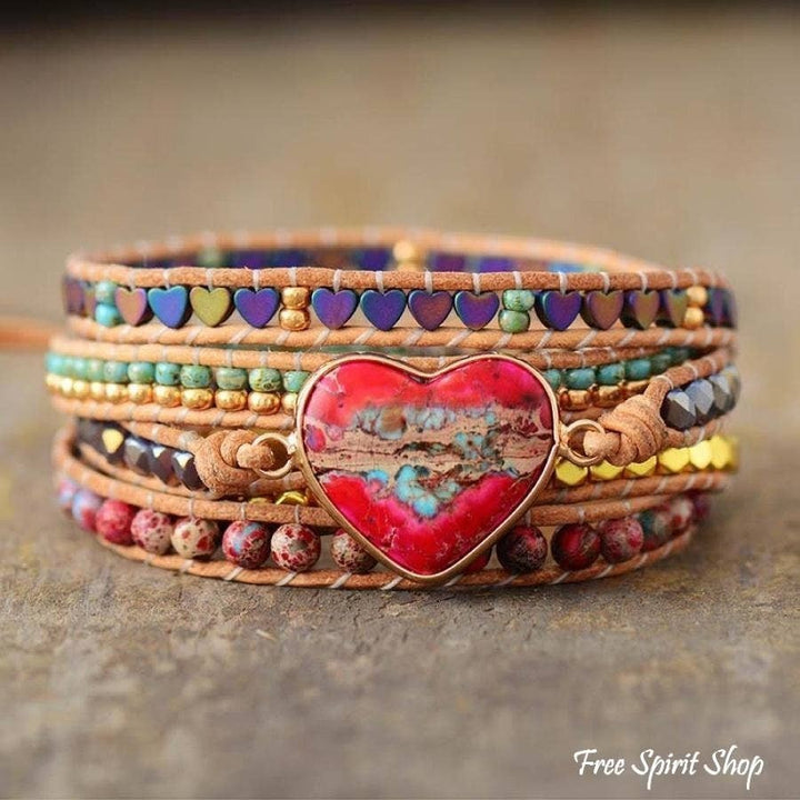 Chic Collective Bohemian Heart Charm Wrap Bracelet with genuine leather, natural stones, and metallic beads. Features a large red heart stone.