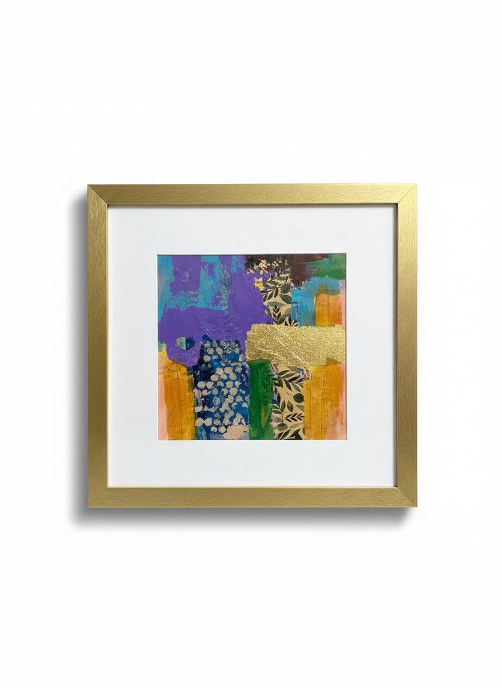 Chic Collective Botanical Reverie abstract art with violet, turquoise, blush, emerald, ochre, and gold accents. Framed.