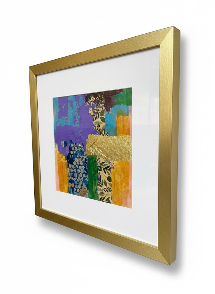 Chic Collective Botanical Reverie abstract art with violet, turquoise, green, ochre, and gold accents, framed in gold.