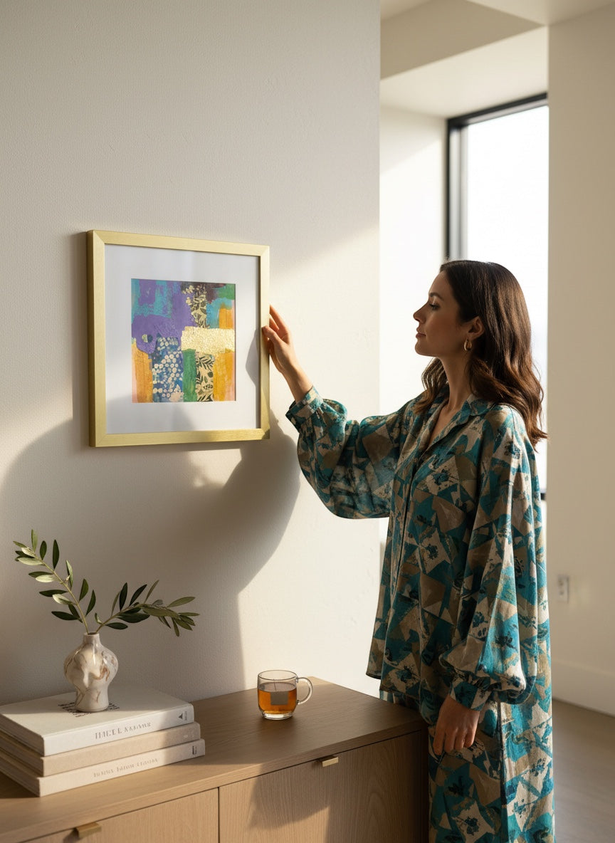 Chic Collective Botanical Reverie framed artwork with violet, turquoise, gold, and green abstract floral patterns.