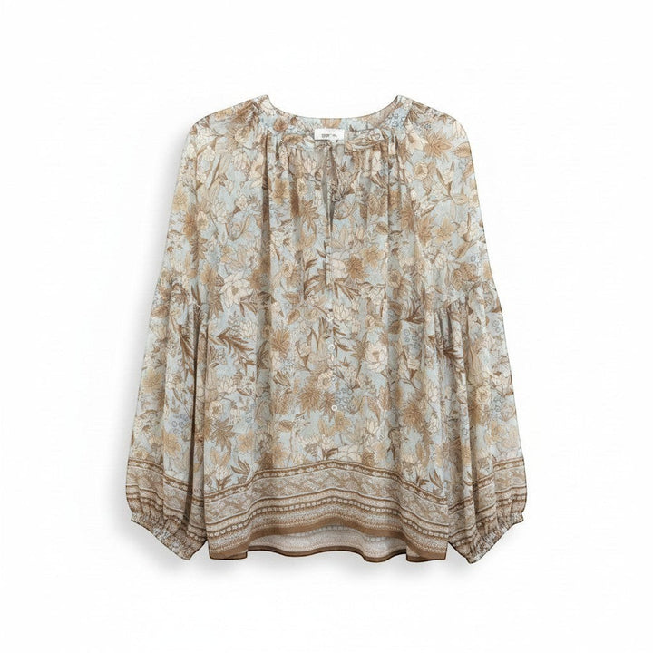 Chic Collective brown floral print blouse with balloon sleeves and button front. Light blue and tan floral pattern.
