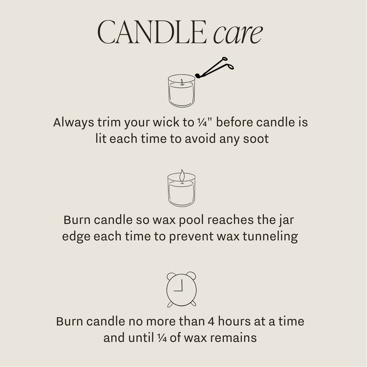Chic Collective candle care guide: trim wick, burn to edge, and limit burn time to 4 hours.
