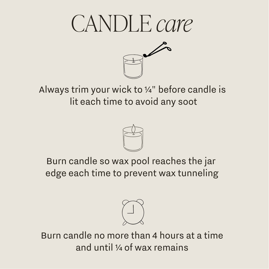Chic Collective candle care instructions: trim wick, ensure wax pool reaches jar edge, and burn no more than 4 hours.