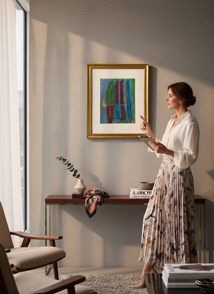 Chic Collective Cathedral Lines abstract art with vertical lines in green, red, and blue, framed in gold.