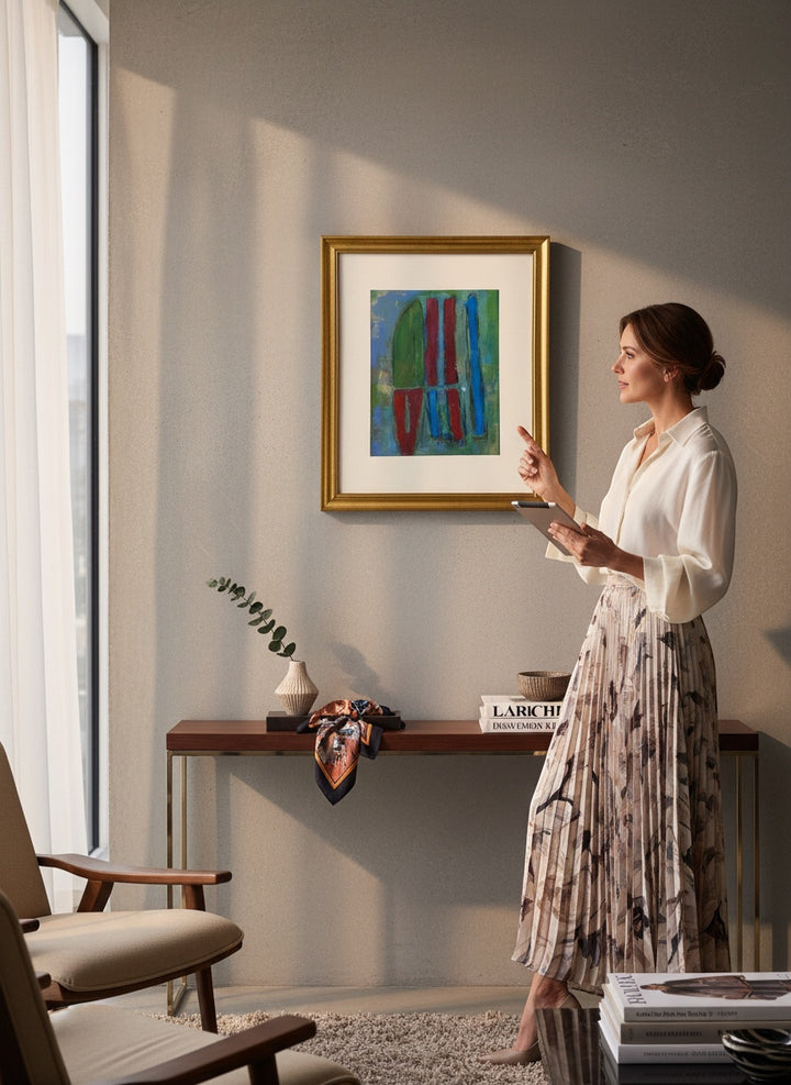 Chic Collective Cathedral Lines abstract art with vertical lines in green, red, and blue, framed in gold.
