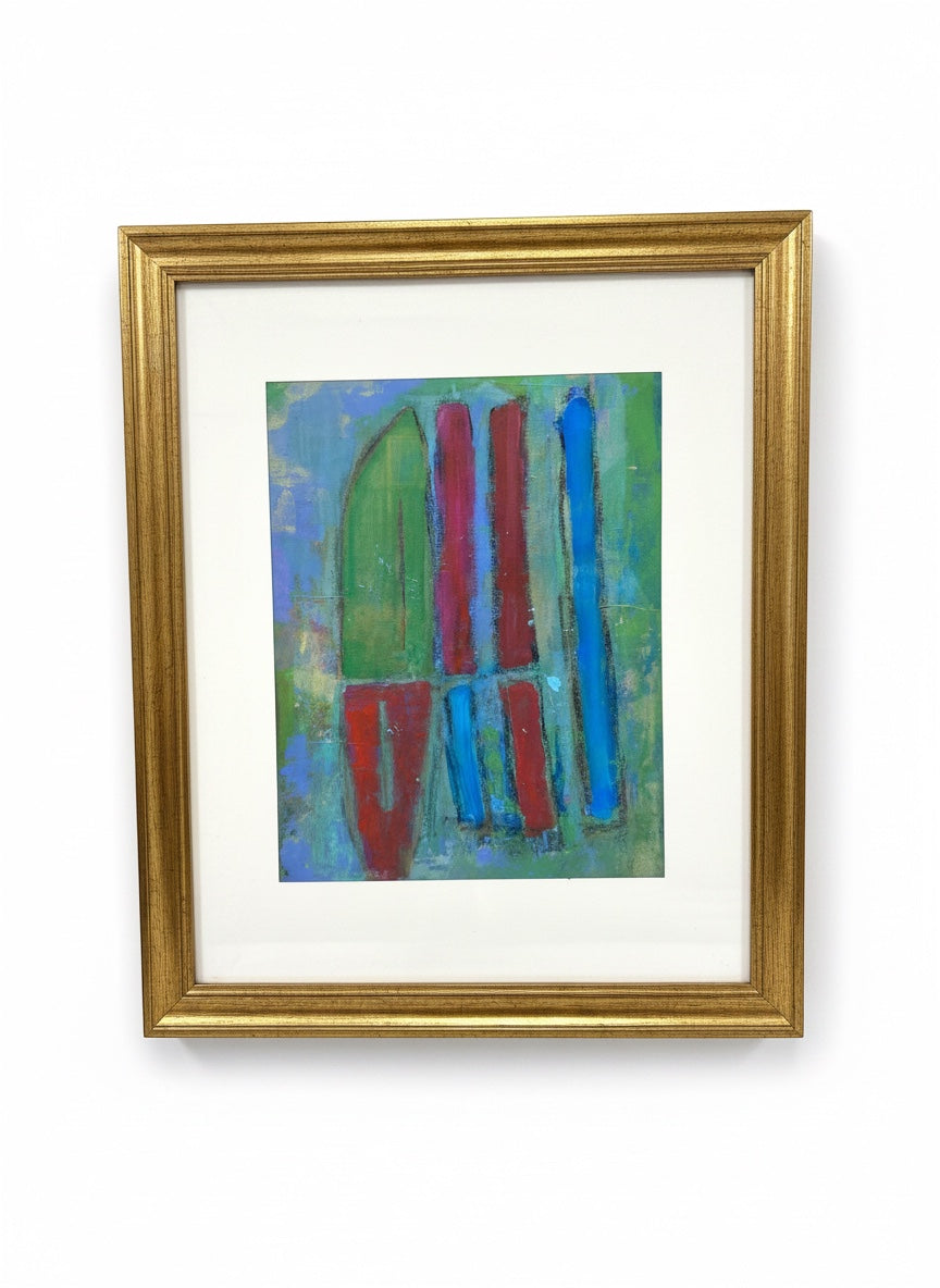 Chic Collective Cathedral Lines abstract art with vertical red, blue, and green forms on a textured blue-green background, framed in gold.