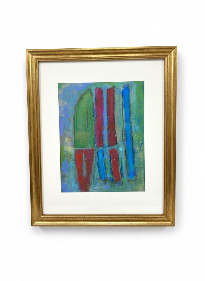 Chic Collective Cathedral Lines abstract art with vertical red, blue, and green forms on a textured blue-green background, framed in gold.