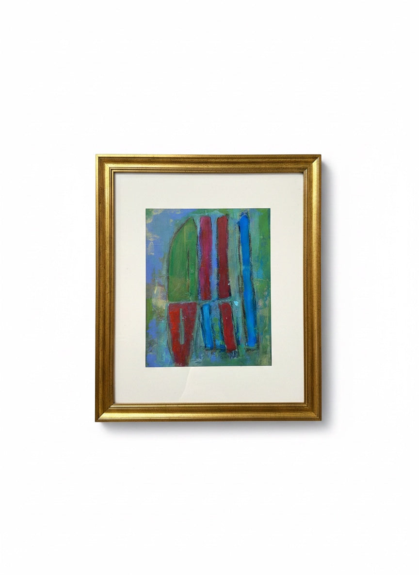 Chic Collective Cathedral Lines abstract art painting with vertical red, blue, and green lines on a textured background, framed in gold.