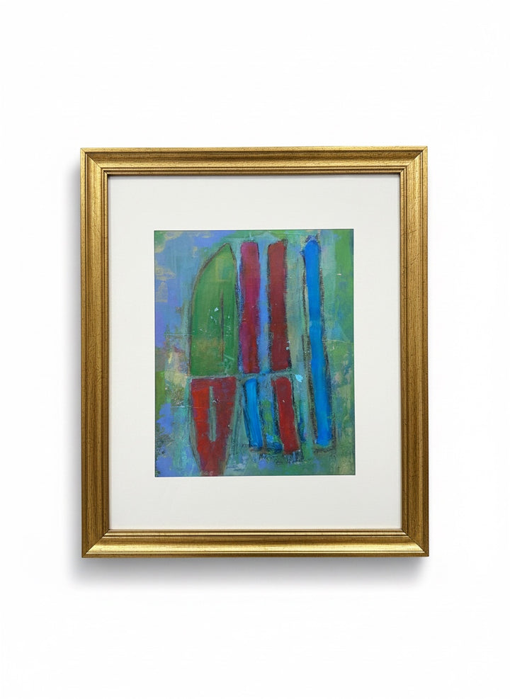 Chic Collective Cathedral Lines abstract art print with vertical red, blue, and green lines on a textured blue and green background, framed in gold.