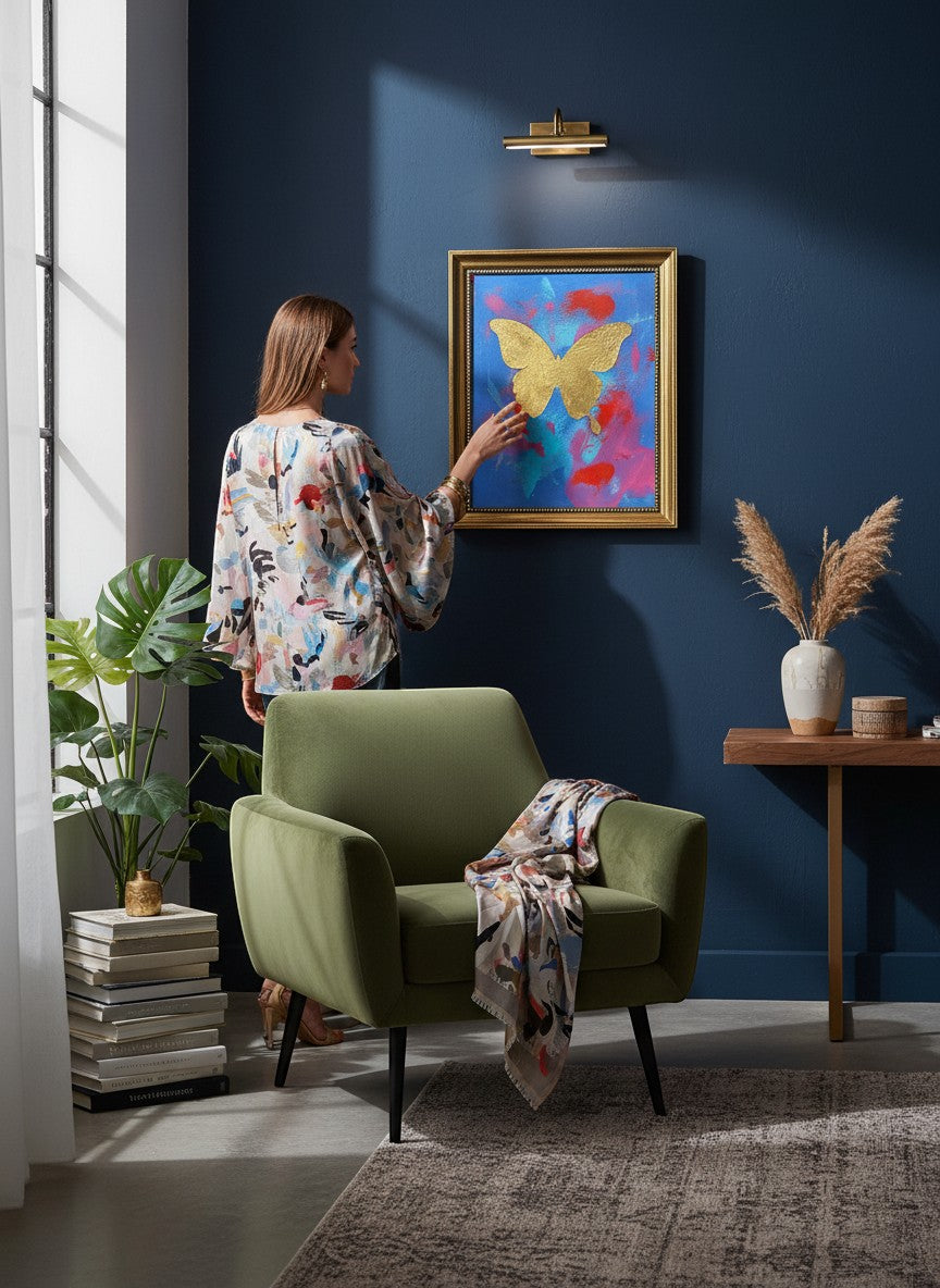 Chic Collective Celestial Flight framed art with gold butterfly on blue, periwinkle, orchid, and coral background.