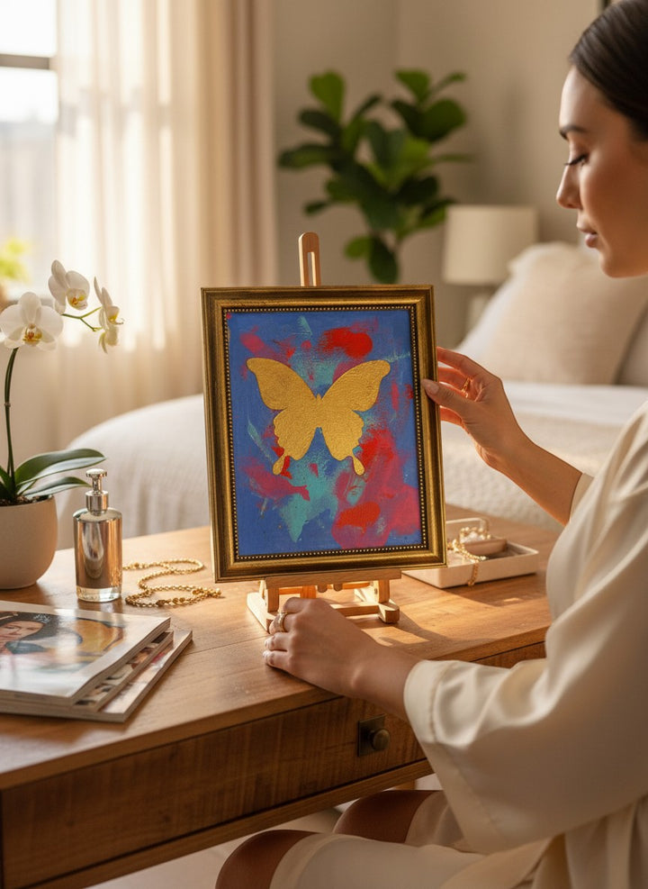 Chic Collective Celestial Flight painting: gold butterfly on blue, periwinkle, orchid, coral abstract background. Framed.