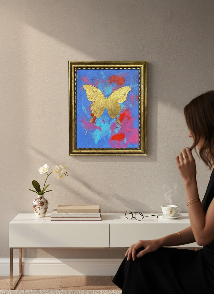 Chic Collective Celestial Flight painting: gold butterfly on blue, periwinkle, orchid, coral background. Antique gold frame.