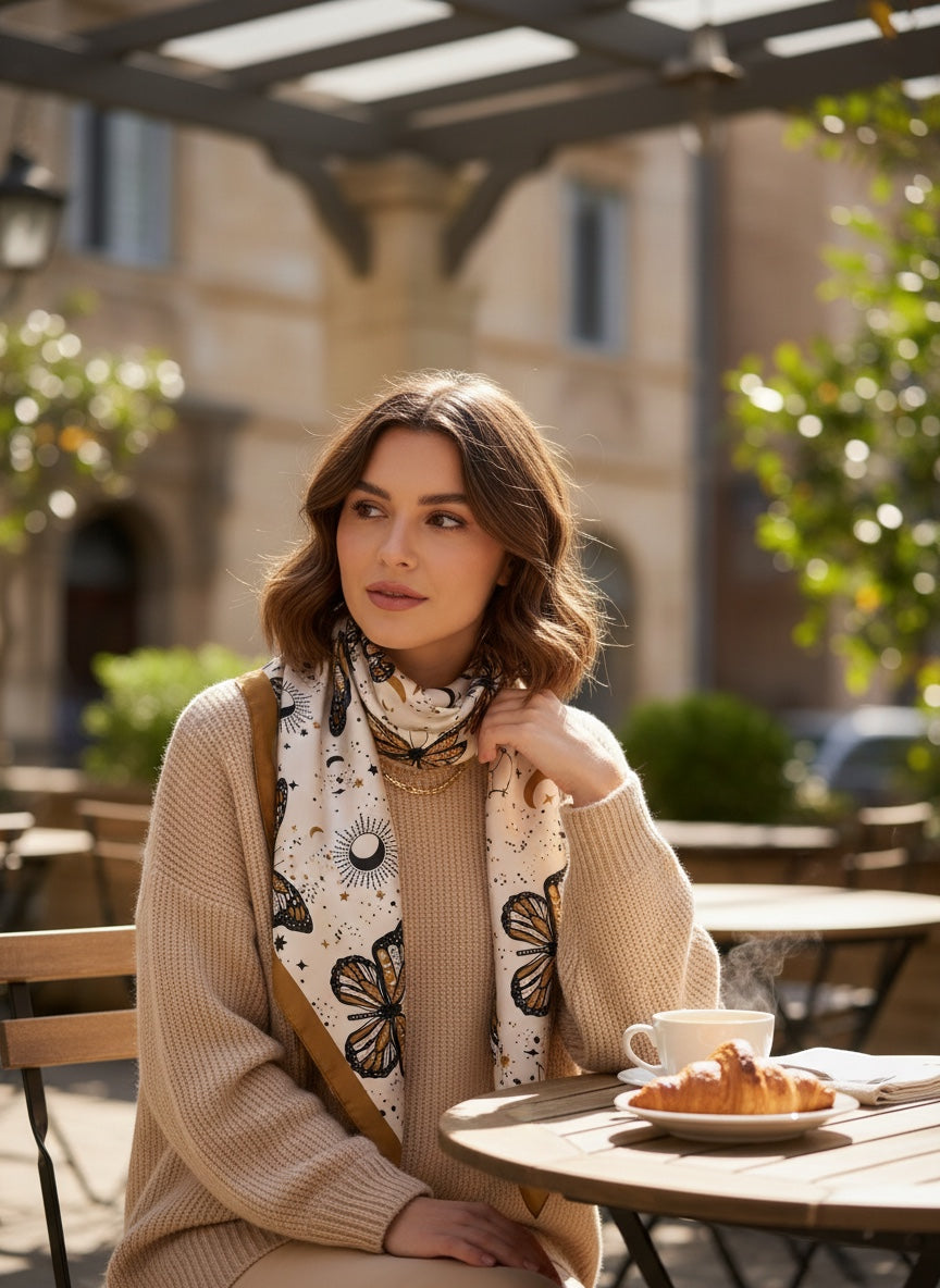 Chic Collective ivory satin scarf with monarch butterflies, moons, suns, and stars. Caramel border.