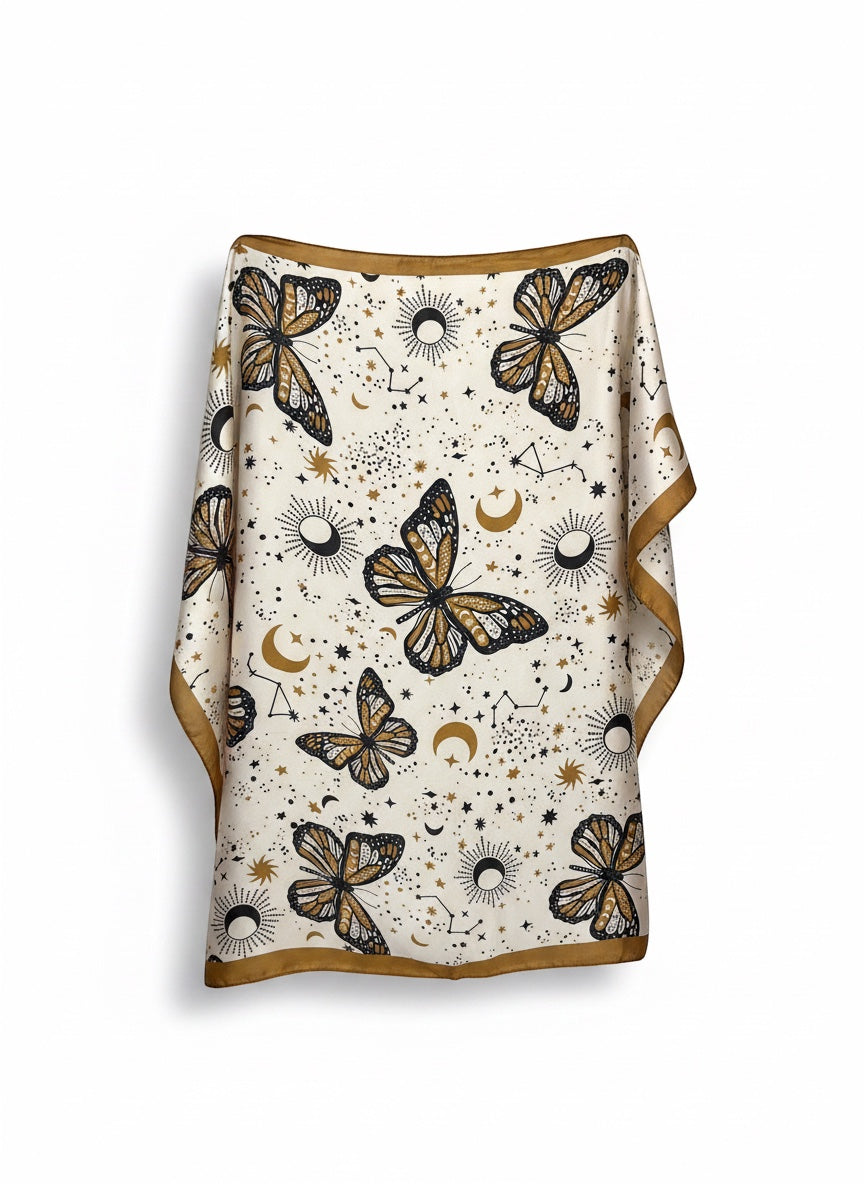 Chic Collective Celestial Monarch Scarf with ivory satin, gold butterflies, moons, suns, and constellations.