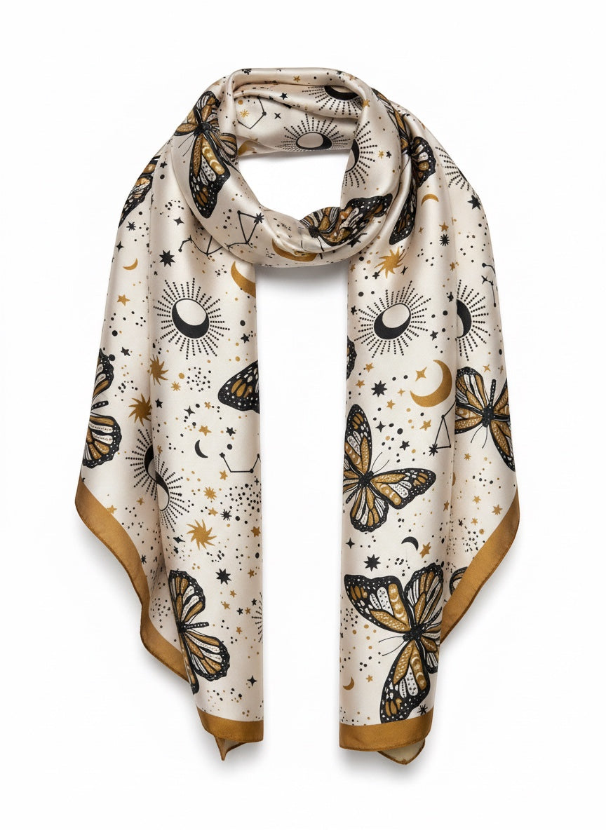 Chic Collective ivory satin scarf with monarch butterflies, moons, suns, and stars. Caramel border.