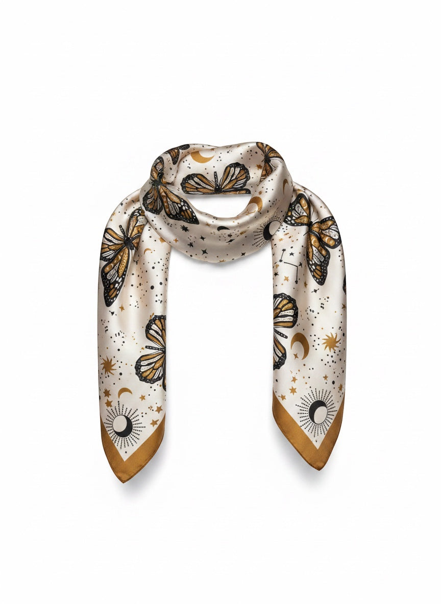 Chic Collective ivory satin scarf with monarch butterflies, moons, suns, and stars. Caramel border.