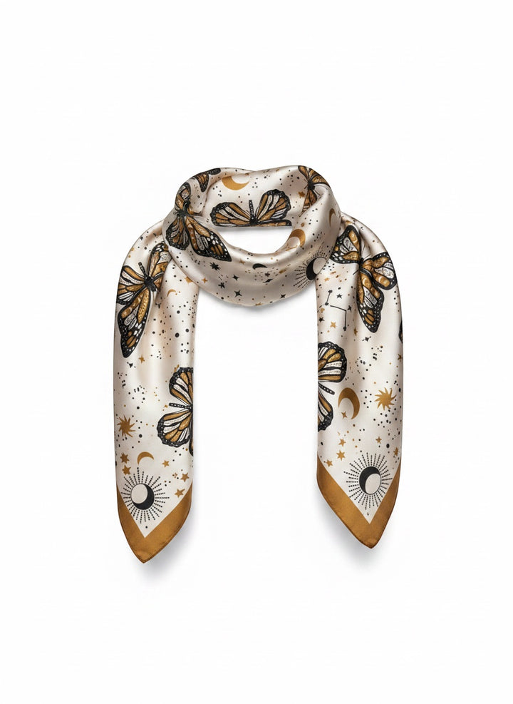 Chic Collective ivory satin scarf with monarch butterflies, moons, suns, and stars. Caramel border.