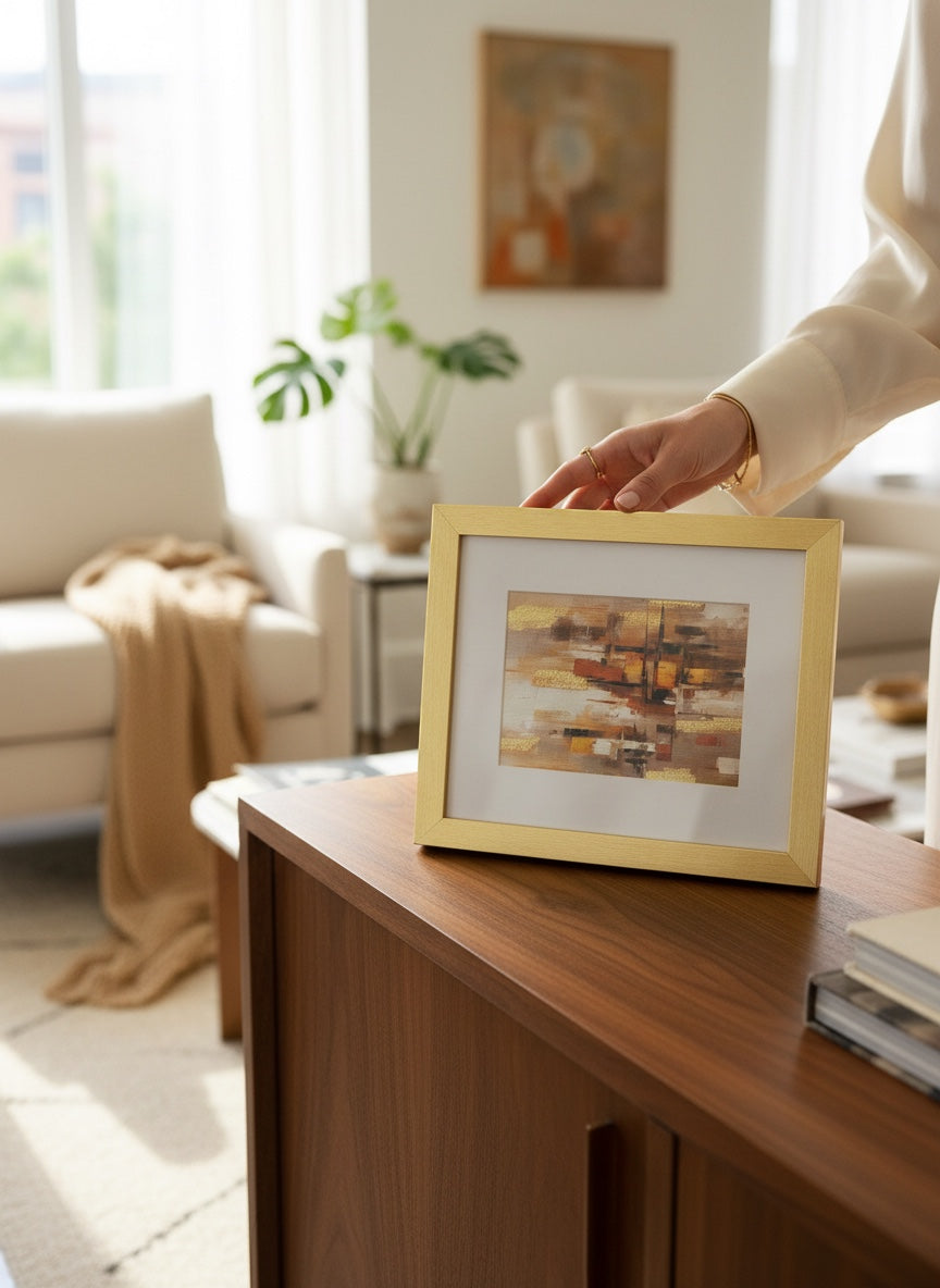 Chic Collective City Lights at Dusk framed abstract art with warm caramel, ivory, gold, and espresso tones.