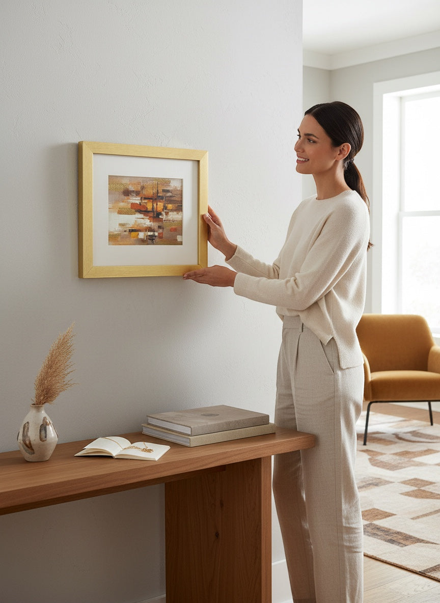 Chic Collective City Lights at Dusk abstract art with warm caramel, ivory, gold, and espresso tones, framed in gold.