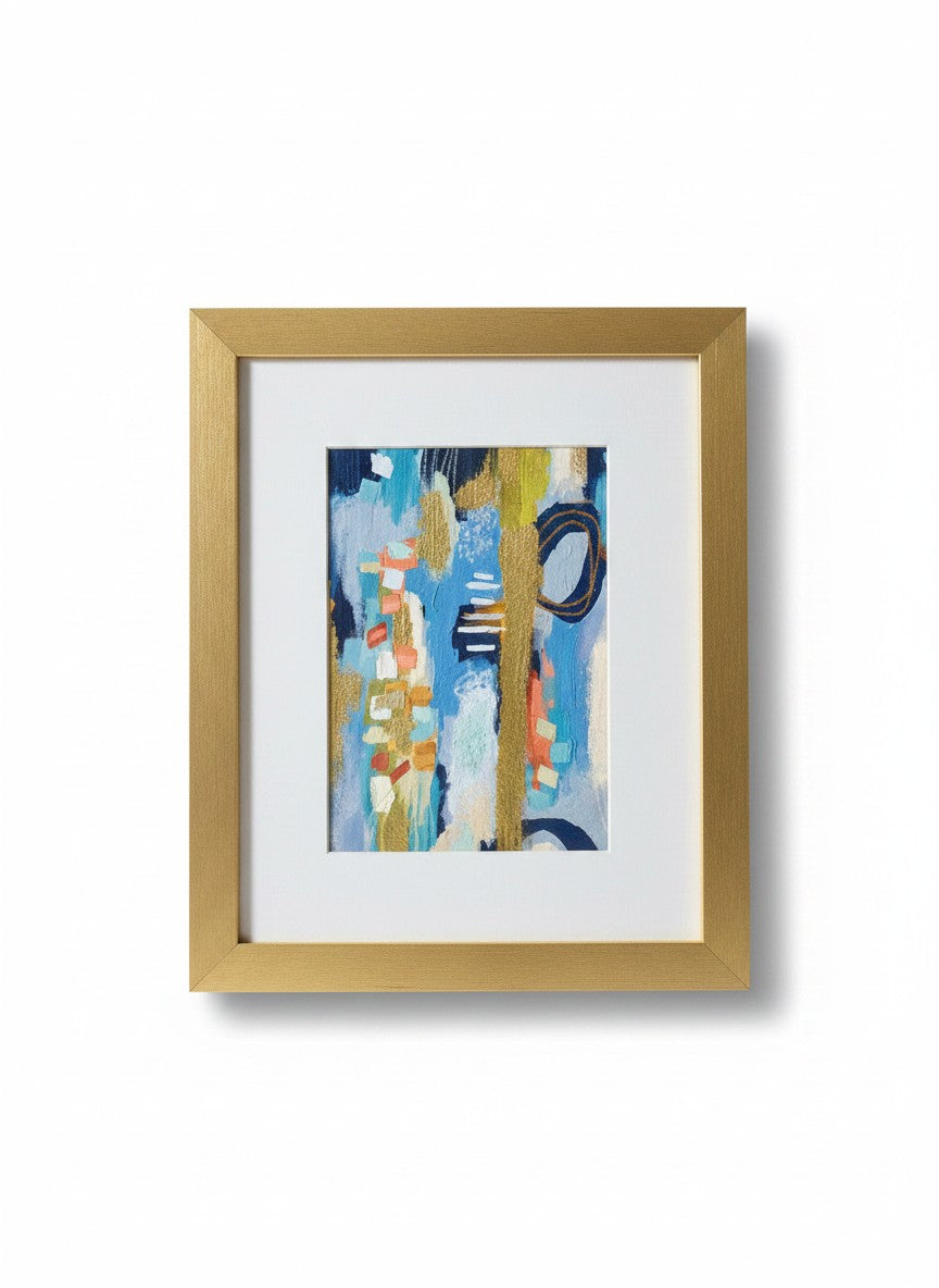 Chic Collective City Lights & Quiet Waters abstract painting with coral, ivory, navy, sage, sky blue, and gold accents.