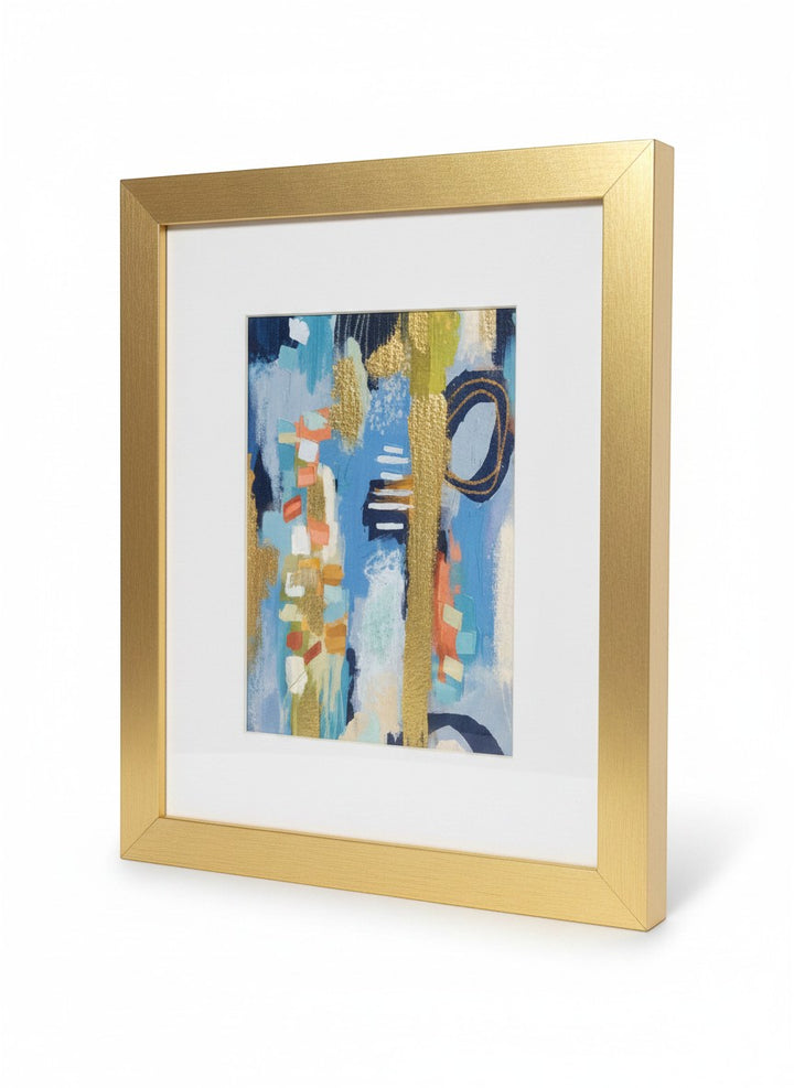 Chic Collective City Lights &amp; Quiet Waters abstract art with coral, ivory, navy, sage, sky blue, and gold accents. Framed.