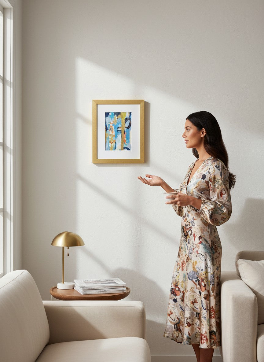 Chic Collective City Lights &amp; Quiet Waters abstract art with coral, ivory, navy, sage, sky blue, and gold accents in a gold frame.