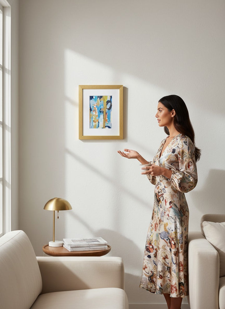 Chic Collective City Lights &amp; Quiet Waters abstract art with coral, ivory, navy, sage, sky blue, and gold accents in a gold frame.