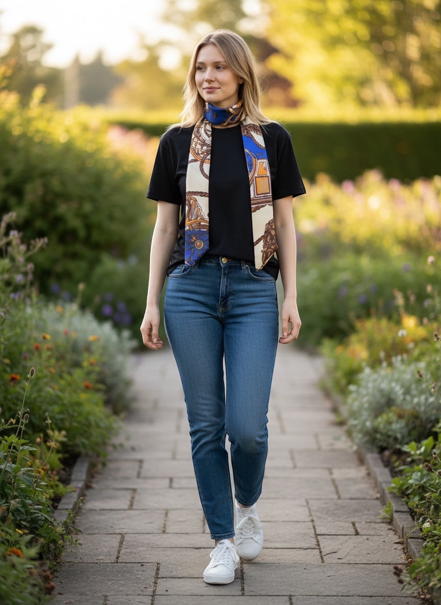 Chic Collective The Coastal Carriage Ribbon Tie: silky scarf with nautical print in cobalt blue, camel, ivory, and orange.