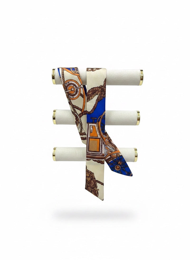 Chic Collective The Coastal Carriage Ribbon Tie: silky accessory with cobalt blue, camel, ivory, orange rope and carriage print.