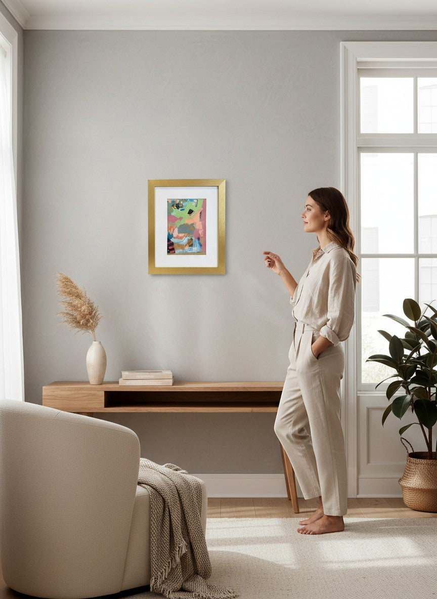 Chic Collective Collected Fragments abstract art with blush, sage, blue, gold, and charcoal colors in a gold frame.