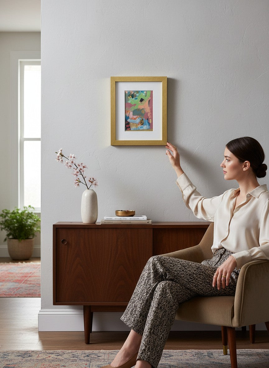 Chic Collective Collected Fragments abstract art with blush, sage, blue, and gold accents in a gold frame.