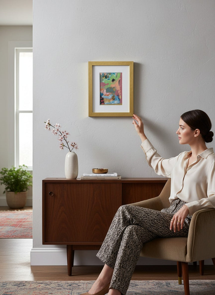 Chic Collective Collected Fragments abstract art with blush, sage, blue, and gold accents in a gold frame.