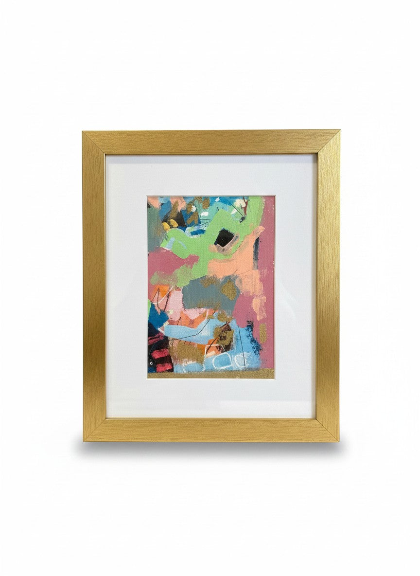 Chic Collective Collected Fragments abstract art painting with blush, sage green, blue, and gold accents in a gold frame.