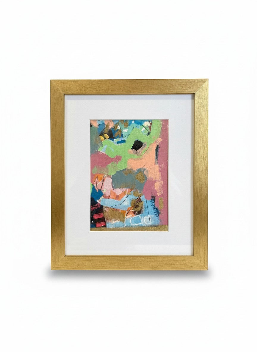 Chic Collective Collected Fragments abstract painting with blush, sage, blue, gold, and charcoal colors. Framed.