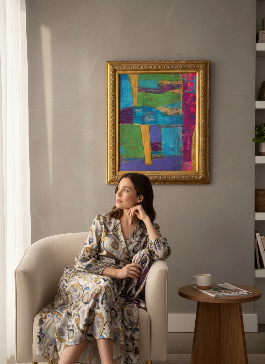 Chic Collective Collected Horizons abstract painting with turquoise, emerald, violet, magenta, ochre, cobalt, and gold in ornate frame.