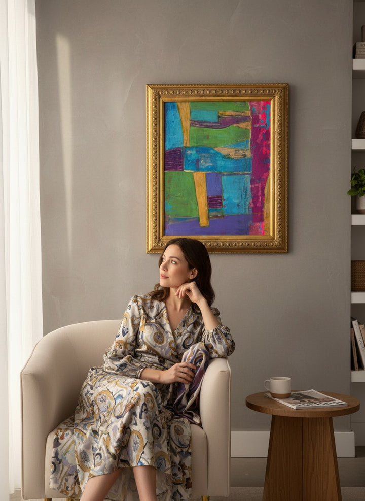 Chic Collective Collected Horizons abstract painting with turquoise, emerald, violet, magenta, ochre, cobalt, and gold in ornate frame.