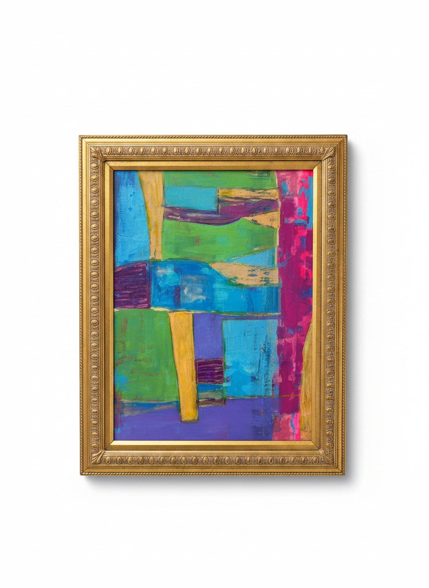 Chic Collective Collected Horizons abstract painting with turquoise, green, violet, and magenta geometric shapes in a gold frame.