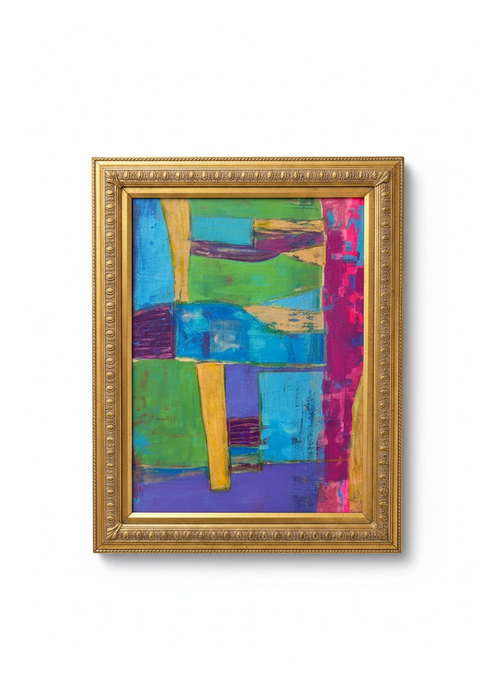 Chic Collective Collected Horizons abstract painting with turquoise, green, violet, and magenta geometric shapes in a gold frame.