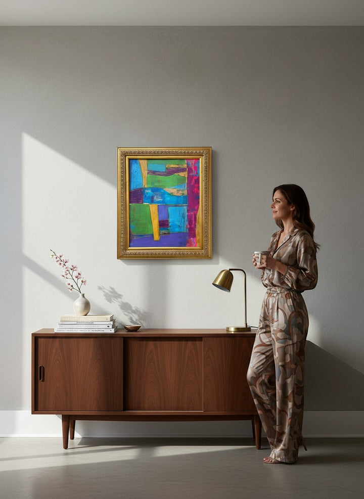 Chic Collective Collected Horizons abstract painting with turquoise, emerald, violet, magenta, ochre, and cobalt geometric forms in a gold frame.