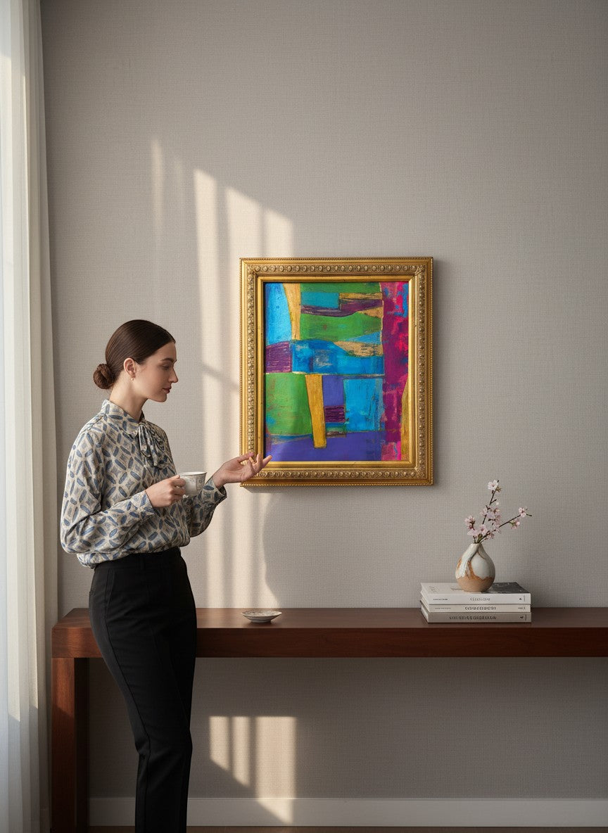 Chic Collective Collected Horizons abstract painting with turquoise, emerald, cobalt, violet, ochre, and magenta geometric forms in a gold frame.