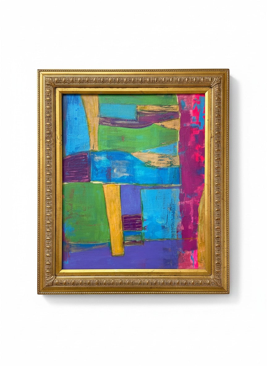 Chic Collective Collected Horizons abstract painting with turquoise, emerald, cobalt, violet, ochre, and magenta geometric forms in an ornate gold frame.