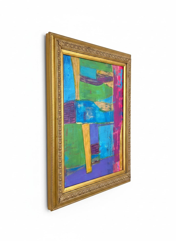 Chic Collective Collected Horizons abstract painting with turquoise, emerald, violet, ochre, and magenta geometric forms and painterly texture in an ornate antique gold frame.