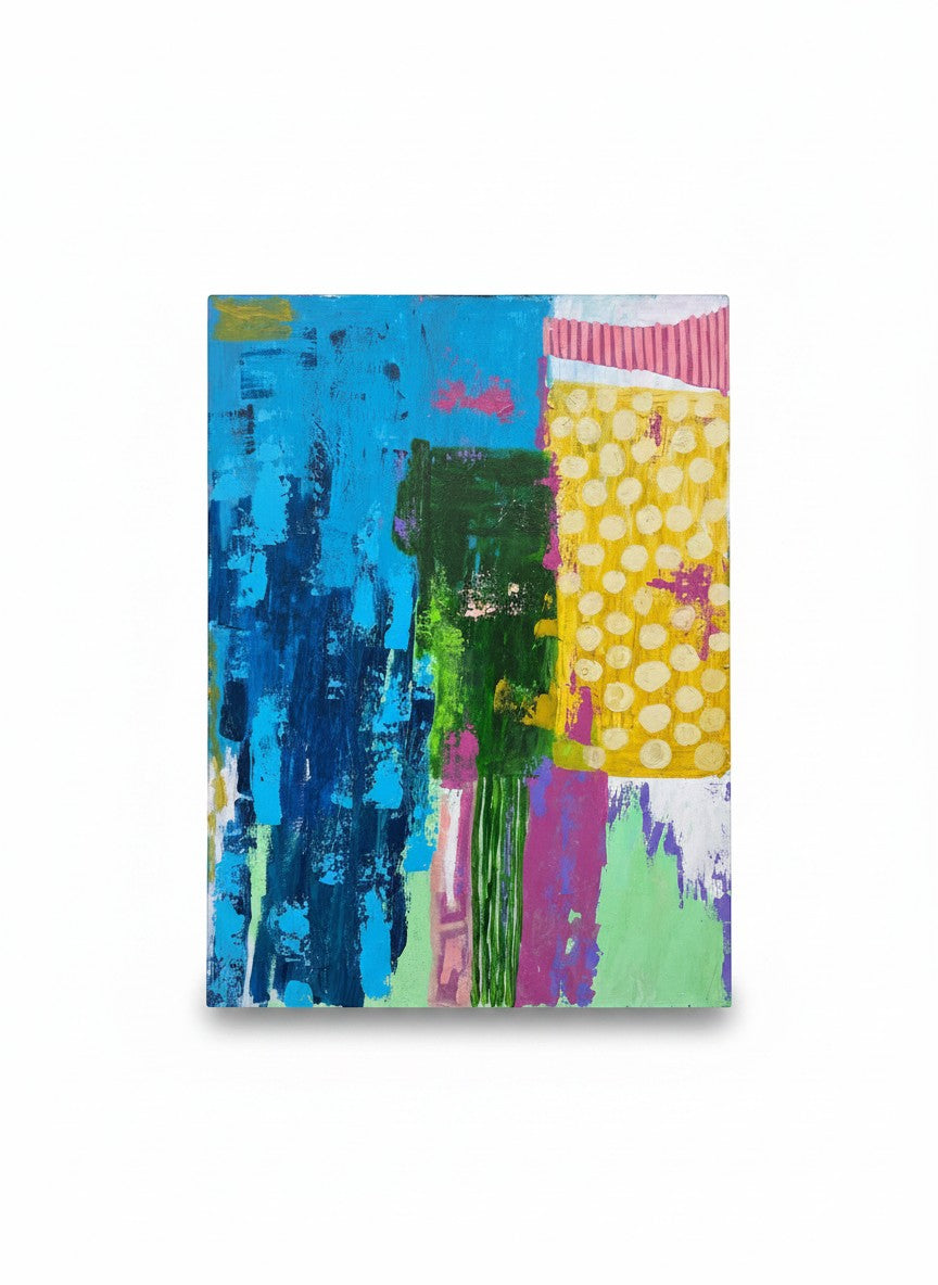 Chic Collective Collected Joy abstract painting with bold blues, greens, yellow polka dots, pink stripes, and purple accents.