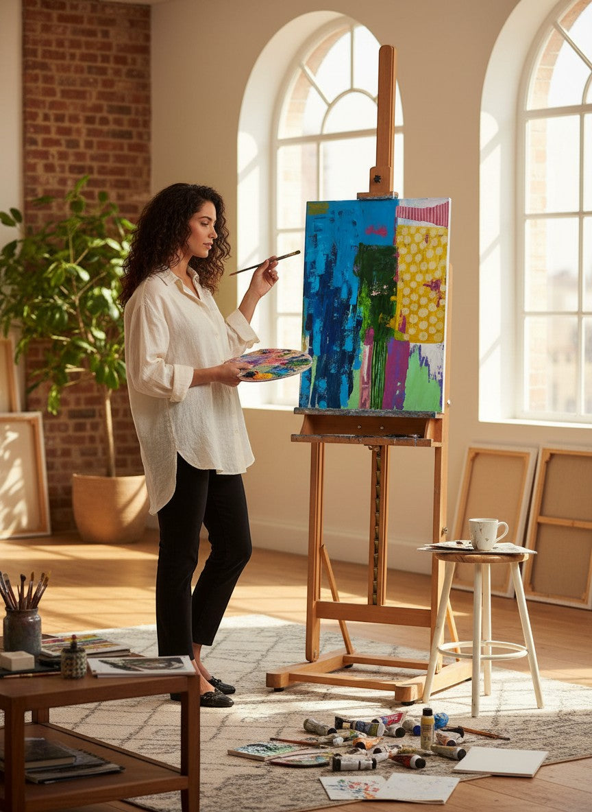 Chic Collective Collected Joy abstract painting with cobalt, turquoise, green, lavender, blush, and yellow hues.