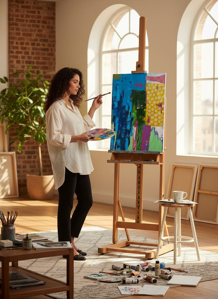 Chic Collective Collected Joy abstract painting with cobalt, turquoise, green, lavender, blush, and yellow hues.