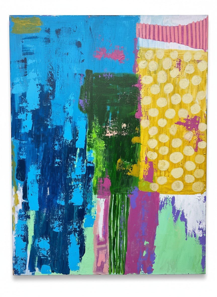 Chic Collective Collected Joy abstract painting with bold blues, greens, yellow polka dots, pink stripes, and purple accents.