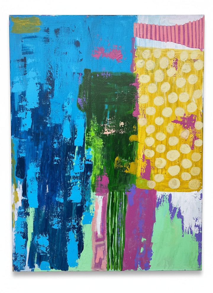 Chic Collective Collected Joy abstract painting with bold blues, greens, yellow polka dots, pink stripes, and purple accents.
